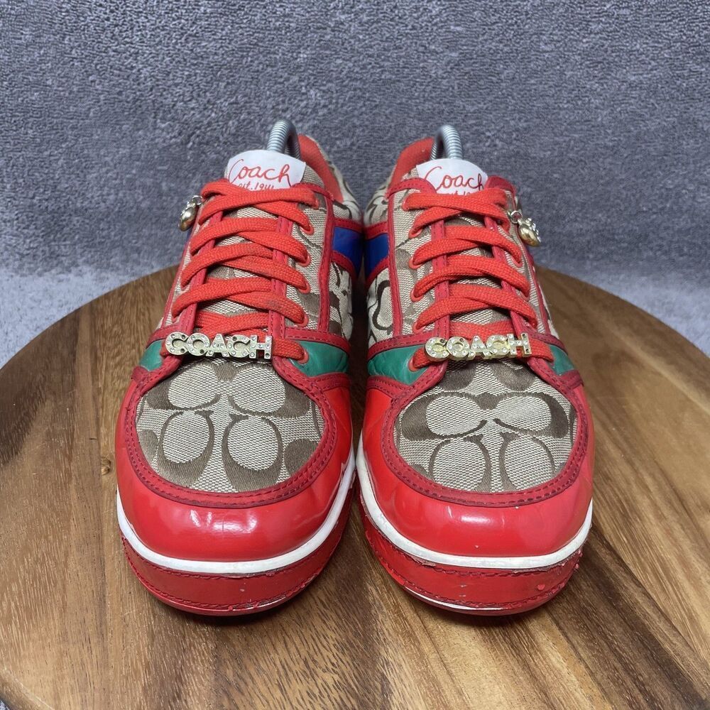 VTG Coach Sneakers Oriana Women's Size 9.5 Rhinestones Charms Logo Red Khaki Y2K - Picture 2 of 9